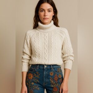 Vintage Josephine Chaus Cotton Cable Knit Turtleneck Sweater – White